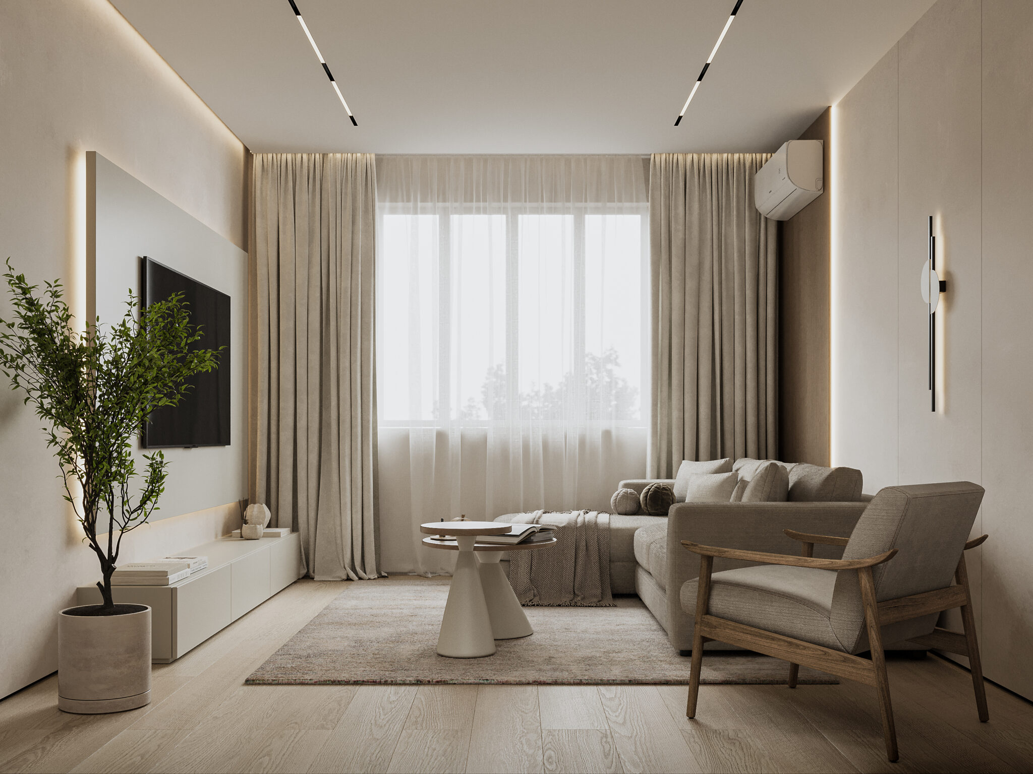 Дизайн в стиле джапанди, двухкомнатная квартира 54.6 м² в Москве, гостиная с натуральными материалами
